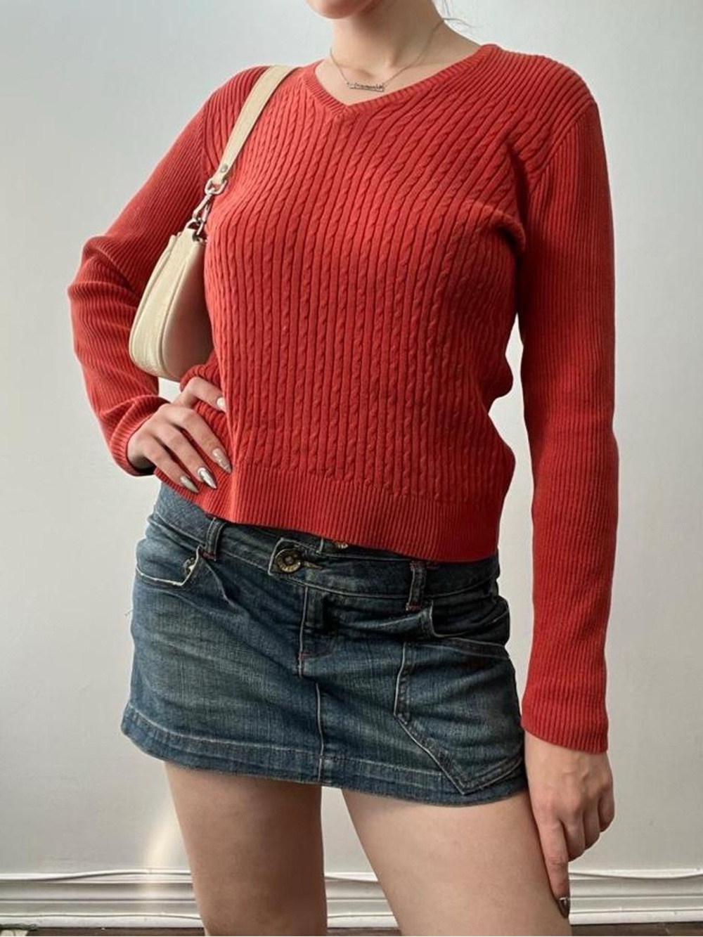 Size Petite Medium Orange Cableknit Long Sleeve Top